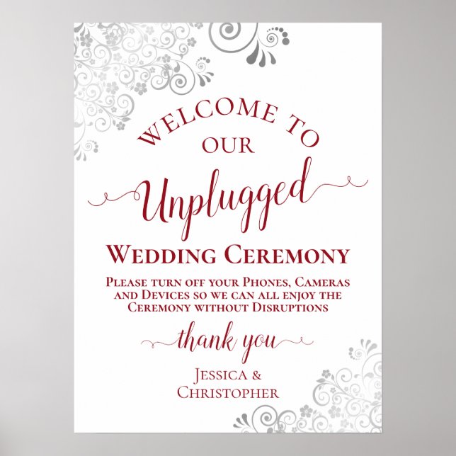 Silver Frills Red Text Unplugged Wedding Ceremony Poster (Front)