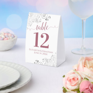 Silver Frills Rose on White Wedding Table Number