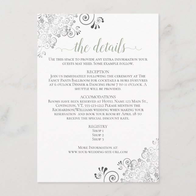 Silver Frills Sage Green on White Wedding Details Enclosure Card (Front)