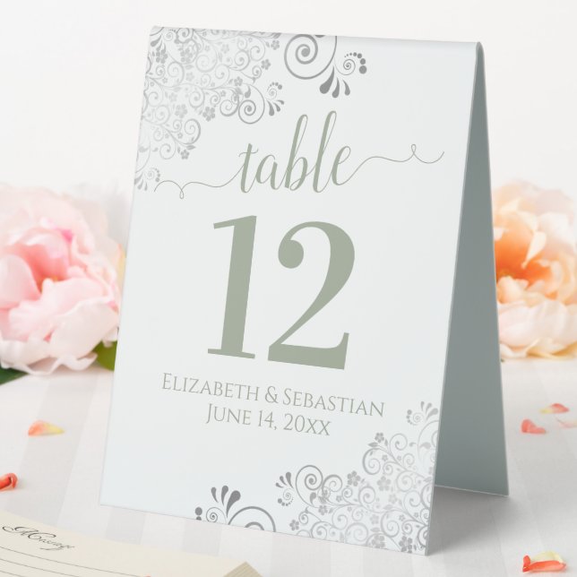 Silver Frills Sage on White Wedding Table Number (In SItu (Wedding))