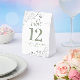 Silver Frills Sage on White Wedding Table Number