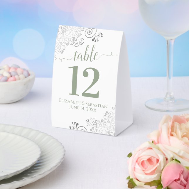 Silver Frills Sage on White Wedding Table Number (Insitu(Wedding))
