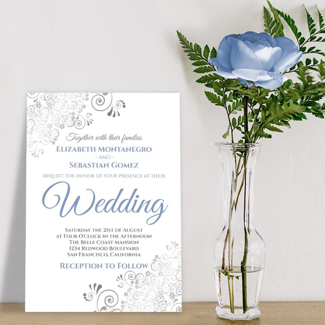 Silver Frills Simple Chic Blue and Gray Wedding Invitation (Creator Uploaded)