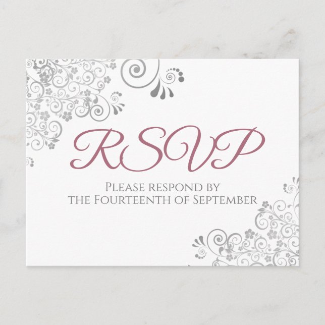 Silver Frills Simple Chic Dusty Rose Wedding RSVP Postcard (Front)