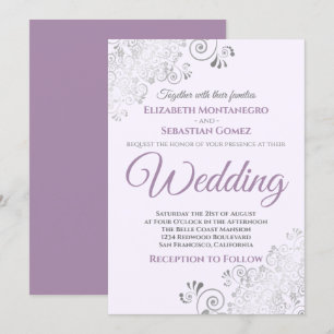 Silver Frills Simple Chic Purple and Grey Wedding Invitation