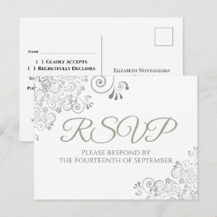 Silver Frills Simple Chic Sage Green Wedding RSVP Postcard