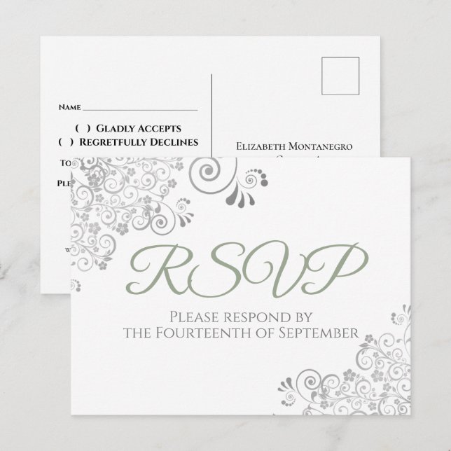 Silver Frills Simple Chic Sage Green Wedding RSVP Postcard (Front/Back)
