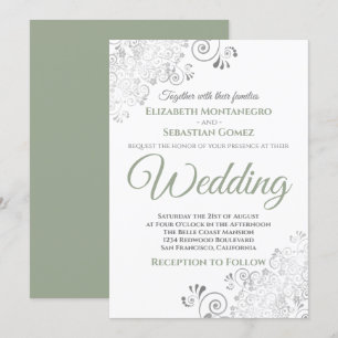 Silver Frills Simple Chic Sage Green White Wedding Invitation