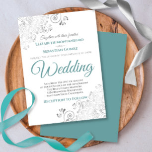 Silver Frills Simple Chic Teal and Grey Wedding Invitation