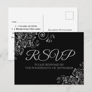 Silver Frills Simple Elegant Black Wedding RSVP Postcard