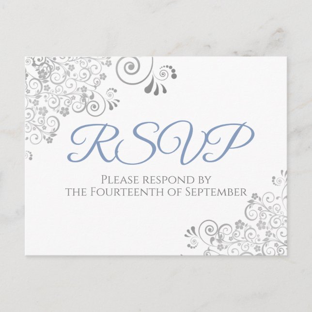 Silver Frills Simple Elegant Blue Wedding RSVP Postcard (Front)