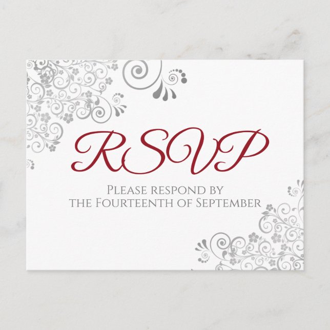 Silver Frills Simple Elegant Red Wedding RSVP Postcard (Front)