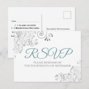 Silver Frills Simple Elegant Teal Wedding RSVP Postcard