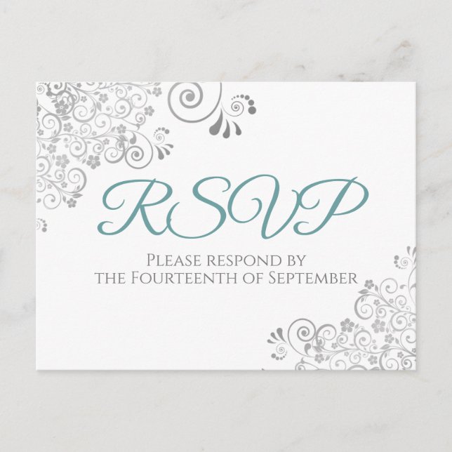 Silver Frills Simple Elegant Teal Wedding RSVP Postcard (Front)