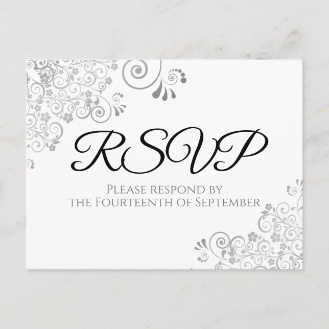 Silver Frills Simple Elegant Wedding RSVP Postcard (Front)