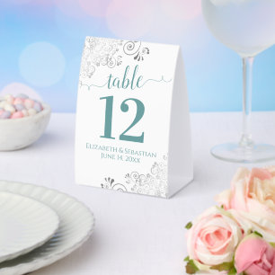 Silver Frills Teal on White Wedding Table Number