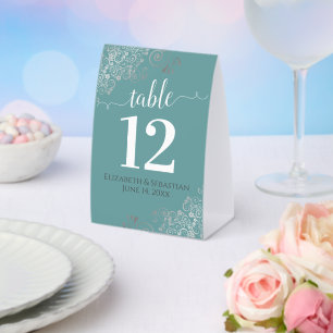 Silver Frills Teal Turquoise Wedding Table Number