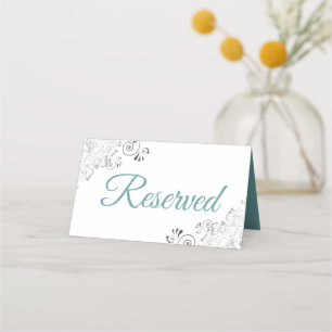 Silver Frills Teal White Elegant Wedding Reserved Place Card