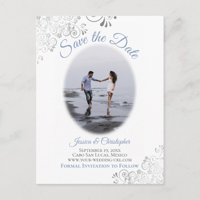 Silver Frills w/ Photo Blue Wedding Save the Date Announcement Postcard (Front)