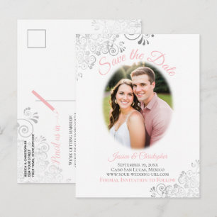 Silver Frills w/ Photo Pink Wedding Save the Date Announcement Postcard