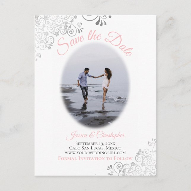 Silver Frills w/ Photo Pink Wedding Save the Date Announcement Postcard (Front)