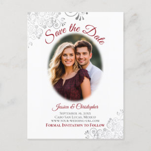 Silver Frills w/ Photo Red Wedding Save the Date Announcement Postcard