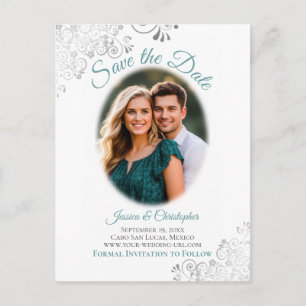 Silver Frills w/ Photo Teal Wedding Save the Date Announcement Postcard