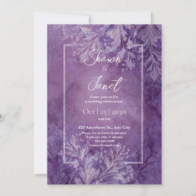 Silver Frosted Purple Fern Botanical Wedding Invitation (Front)