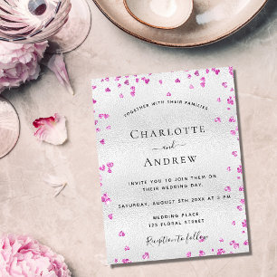 Silver fuchsia hearts budget wedding invitation