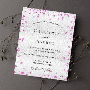Silver fuchsia hearts budget wedding invitation flyer