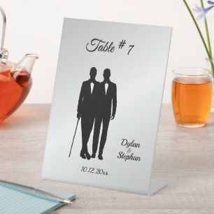 Silver Gay Wedding Grooms with Names and Date  Pedestal Sign