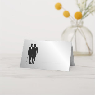 Silver Gay Wedding Grooms with Names and Date Place Card