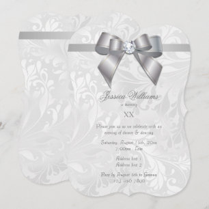 Silver Gem Bow, Ribbon & Damask Birthday Party Invitation