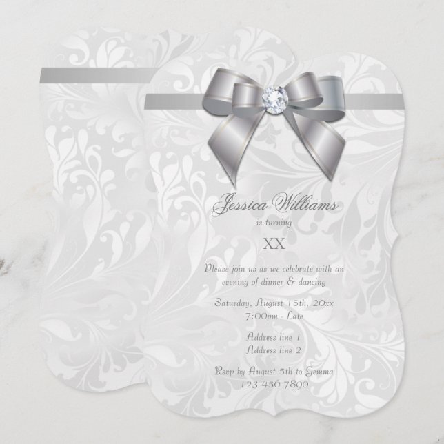 Silver Gem Bow, Ribbon  & Damask Birthday Party Invitation (Front/Back)