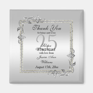Silver Gem & Glitter 25th Birthday Party Magnet