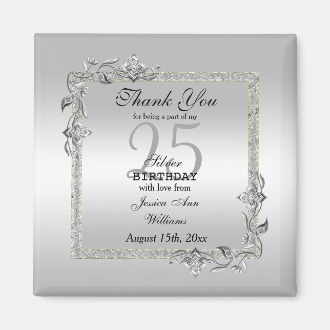 Silver Gem & Glitter 25th Birthday Party   Magnet (Front)
