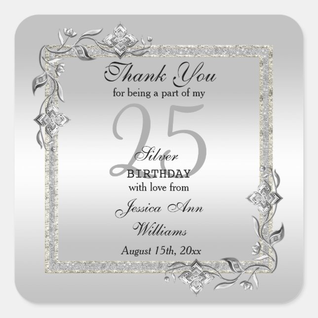 Silver Gem & Glitter 25th Birthday Party Square Sticker (Front)