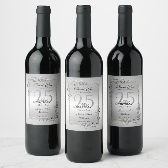 Silver Gem & Glitter 25th Birthday Party Wine Label (Bottles)