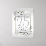 Silver Gem & Glitter 25th Wedding Anniversary Canvas Print<br><div class="desc">Glamourous and elegant posh 25th Silver Wedding Anniversary canvas print with stylish silver gem stone jewels corner decorations and matching coloured glitter border frame. A romantic design for your celebration. All text, font and font colour is fully customisable to meet your requirements. If you would like help to customise your...</div>