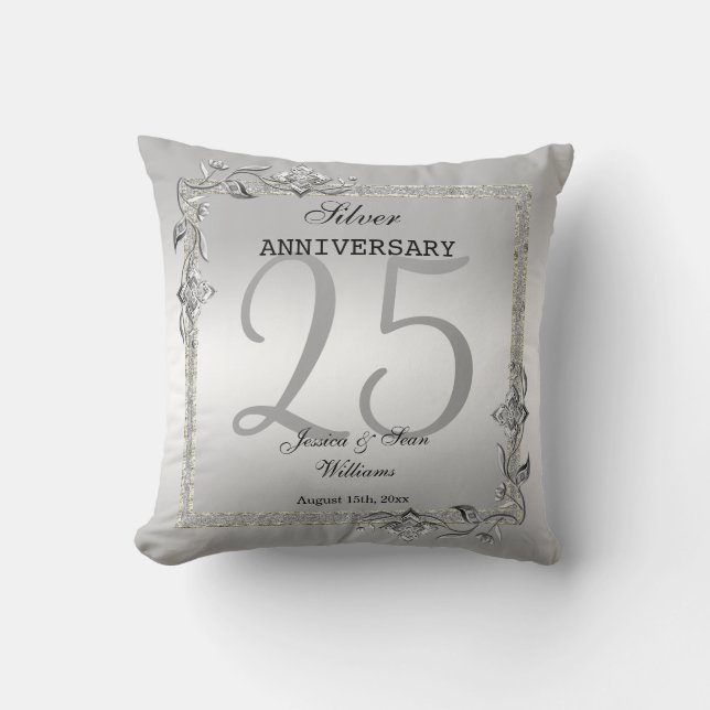 Silver Gem & Glitter 25th Wedding Anniversary Cushion (Front)