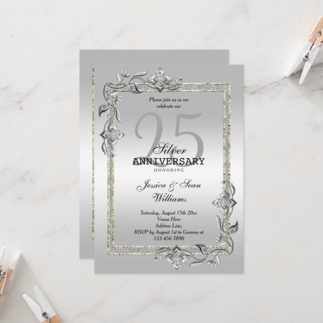 Silver Gem & Glitter 25th Wedding Anniversary Invitation (Front/Back In Situ)