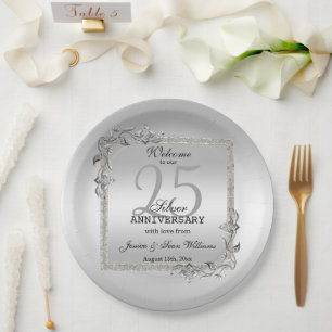 Silver Gem & Glitter 25th Wedding Anniversary Paper Plate