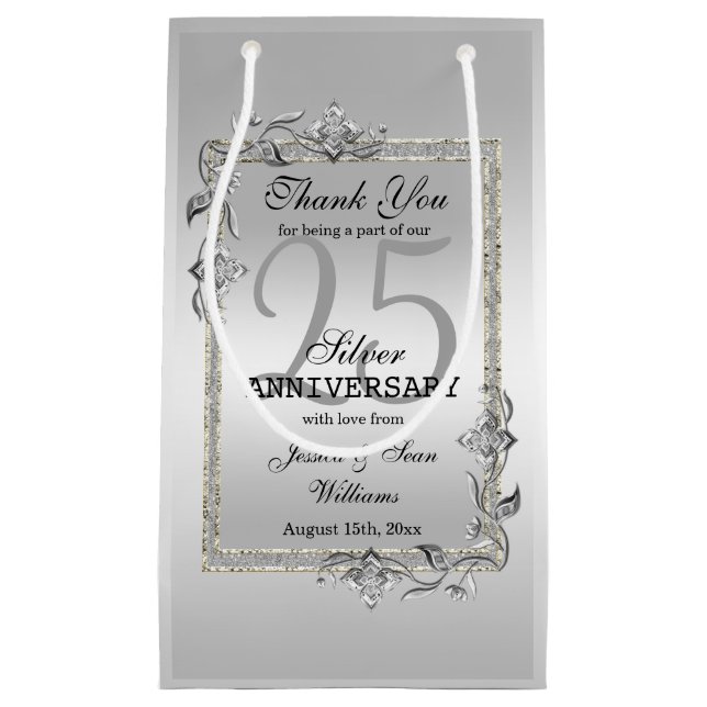 Silver Gem & Glitter 25th Wedding Anniversary Small Gift Bag (Front)