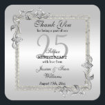 Silver Gem & Glitter 25th Wedding Anniversary Square Sticker<br><div class="desc">Glamourous and elegant posh 25th Silver Wedding Anniversary party favour sticker with stylish silver gem stone jewels corner decorations and matching coloured glitter border frame. A romantic design for your celebration. All text, font and font colour is fully customisable to meet your requirements. If you would like help to customise...</div>