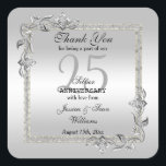 Silver Gem & Glitter 25th Wedding Anniversary Square Sticker<br><div class="desc">Glamourous and elegant posh 25th Silver Wedding Anniversary party favour sticker with stylish silver gem stone jewels corner decorations and matching coloured glitter border frame. A romantic design for your celebration. All text, font and font colour is fully customisable to meet your requirements. If you would like help to customise...</div>