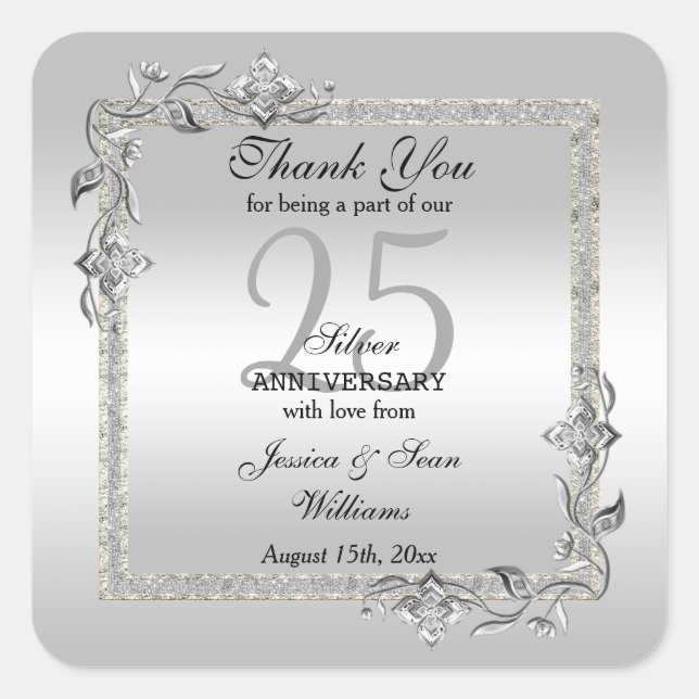 Silver Gem & Glitter 25th Wedding Anniversary Square Sticker (Front)