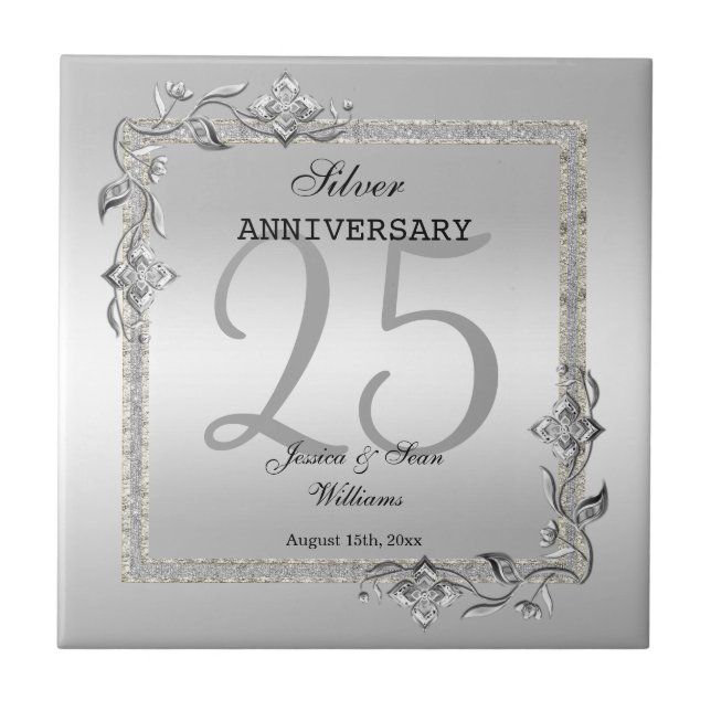Silver Gem & Glitter 25th Wedding Anniversary Tile (Front)