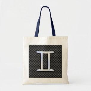 Silver Gemini Sign on Charcoal Carbon Fiber Print Tote Bag