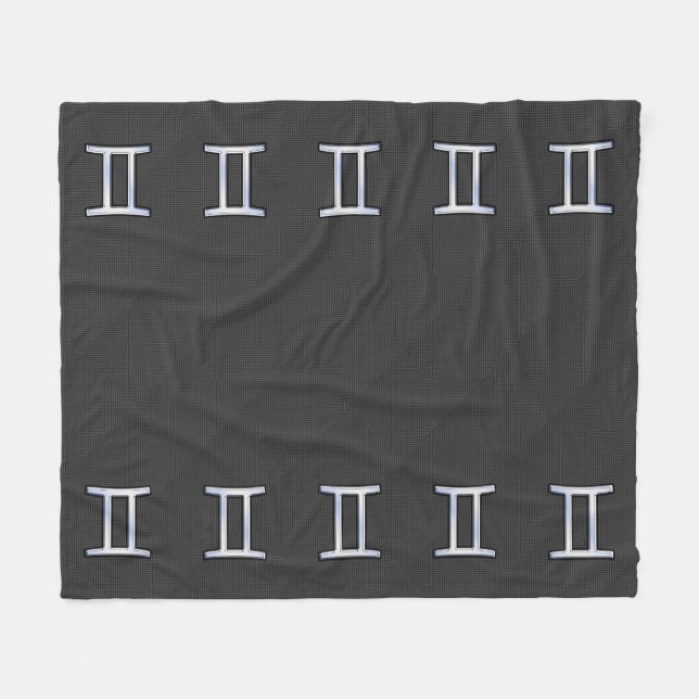 Silver Gemini Sign on Charcoal Carbon Fibre Print Fleece Blanket (Front (Horizontal))