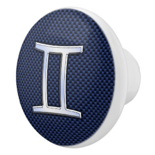Silver Gemini Zodiac Sign Blue Carbon Fibre Print Ceramic Knob